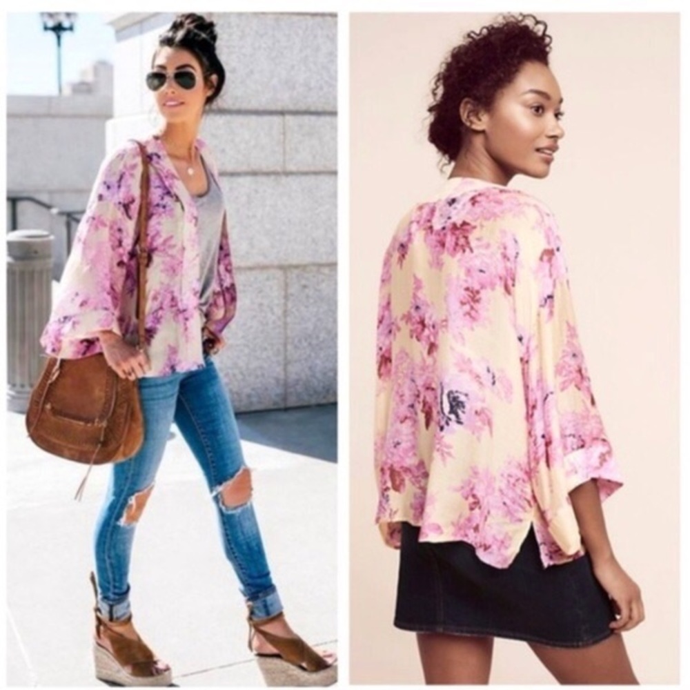 Anthropologie Floral Kimono-Style Top in Pale Yellow and Pink